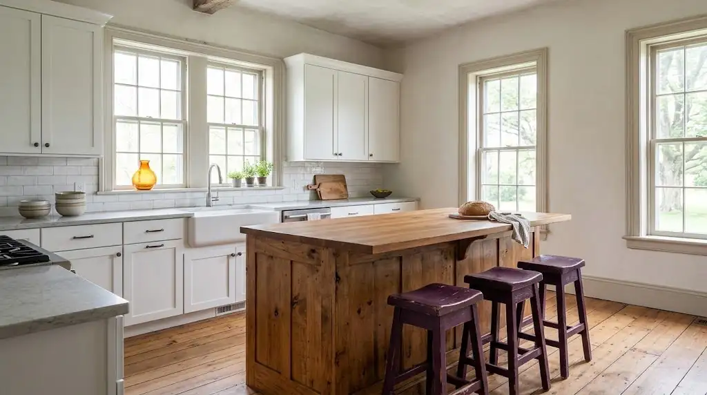 Remodeled farmhouse-style kitchen with white cabinets and a wood island, illustrating kitchen remodeling in Fremont, OH