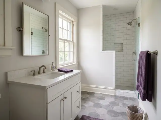 Remodeled bathroom with a white vanity and tiled shower in an older home